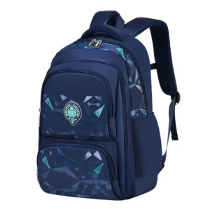 Sac à dos bleu marine avec logo bleu ciel rond au centre du sac. Grande poche à l'avant avec zip.