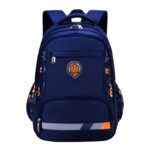 Sac à dos bleu avec logo et zip orange. Bande fluorescente en bas du sac.