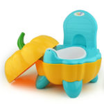Pot d'entrainement ergonomique bébé en forme de citrouille bleu turquoise et chapeau jaune à tige verte.