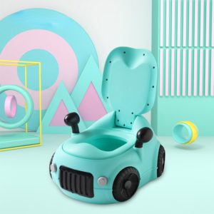 Pot ergonomique pour enfant en forme de voiture bleu turquoise. Avec quatre roues et des rétroviseurs noir.