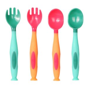 Deux fourchettes et du cuillères en plastique avec base en ventouse. Couleurs jaune, rose, bleu et vert