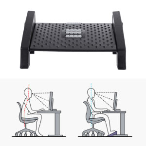 En haut, repose-pied noir sur fond blanc. En bas, icônes montrant la position d'une personne travaillant sur ordinateur avec et sans repose-pied.