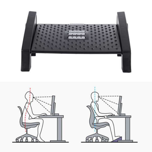En haut, repose-pied noir sur fond blanc. En bas, icônes montrant la position d'une personne travaillant sur ordinateur avec et sans repose-pied.