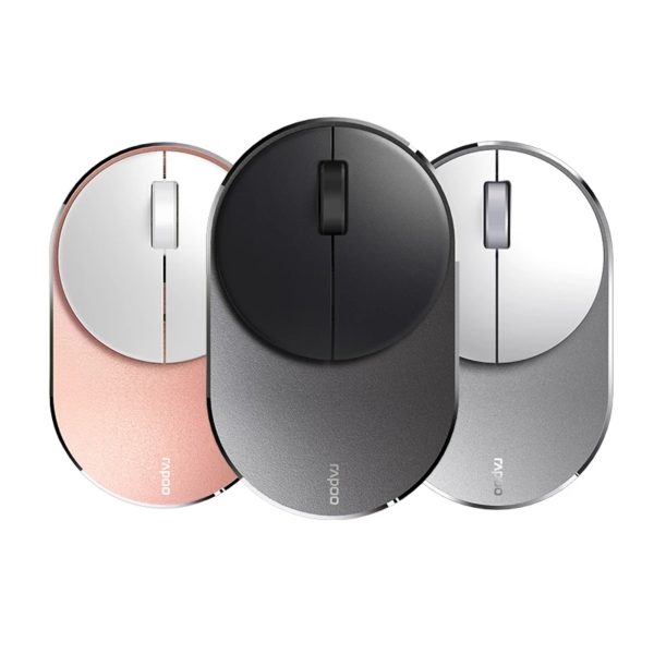 Mini souris d'ordinateur ergonomique sans fil. De gauche à droite, une souris rose, une noir, une grise