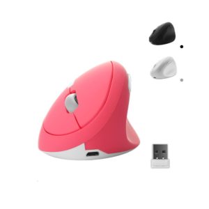 Souris ergonomique verticale sans fil avec dispositif USB. Une souris rose en gros plan et une petite noir et une blanche en haut a droite