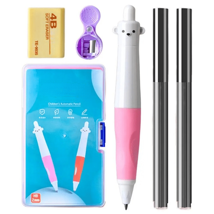 Stylo Ergonomique à Papier d'Entrainement pour la Posture avec les accessoires du kit sur fond blanc