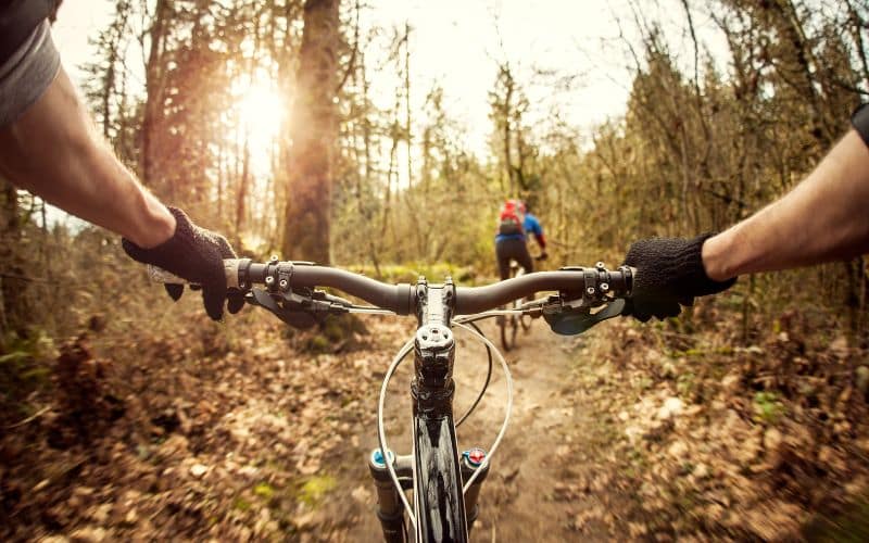 Guidon de près avec mains du conducteur du vélo, on voit le chemin et la personne devant lui, ils sont dans la nature.