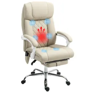 Chaise de bureau de massage à 6 points, inclinable et rotative avec fonction de chauffage repose-pieds réglable en hauteur dossier haut et télécommande de studio beige