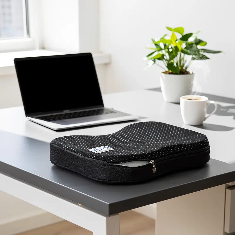 Coussin sciatique pour dormir : soulager la sciatique efficacement Coussin orthopédique en mousse à mémoire de forme, noir à texture tissée, posé sur un bureau près d’un ordinateur portable et d’une plante.