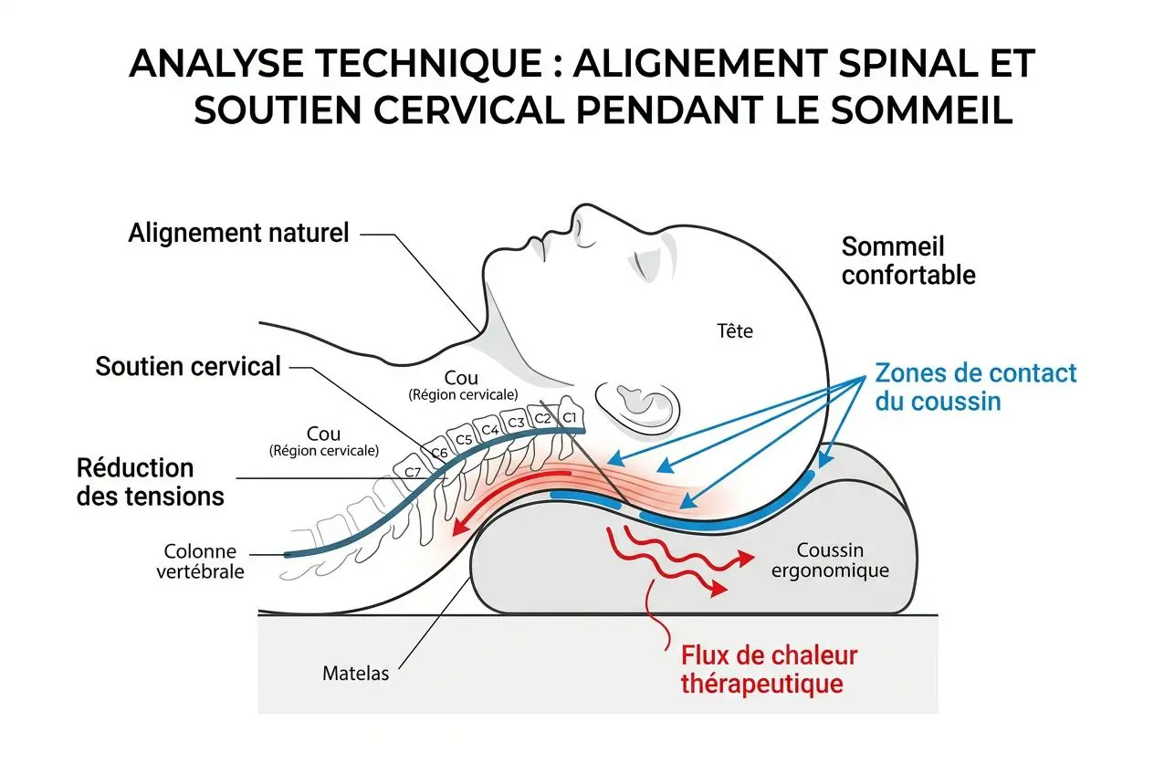 Coussins ergonomiques bienfaits : posture et confort améliorés Diagramme d’analyse technique montrant l’alignement spinale et le soutien cervical pendant le sommeil, avec un coussin ergonomique placé sous la nuque. mention des zones de contact et flux de chaleur thérapeutique., intégration du terme: coussins ergonomiques bienfaits.