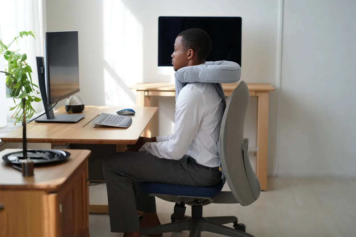 Un coussin peut-il soulager la sciatique ? Guide complet Homme assis à son bureau, portant un collier cervical gonflable, devant un ordinateur; ambiance de bureau calme.
