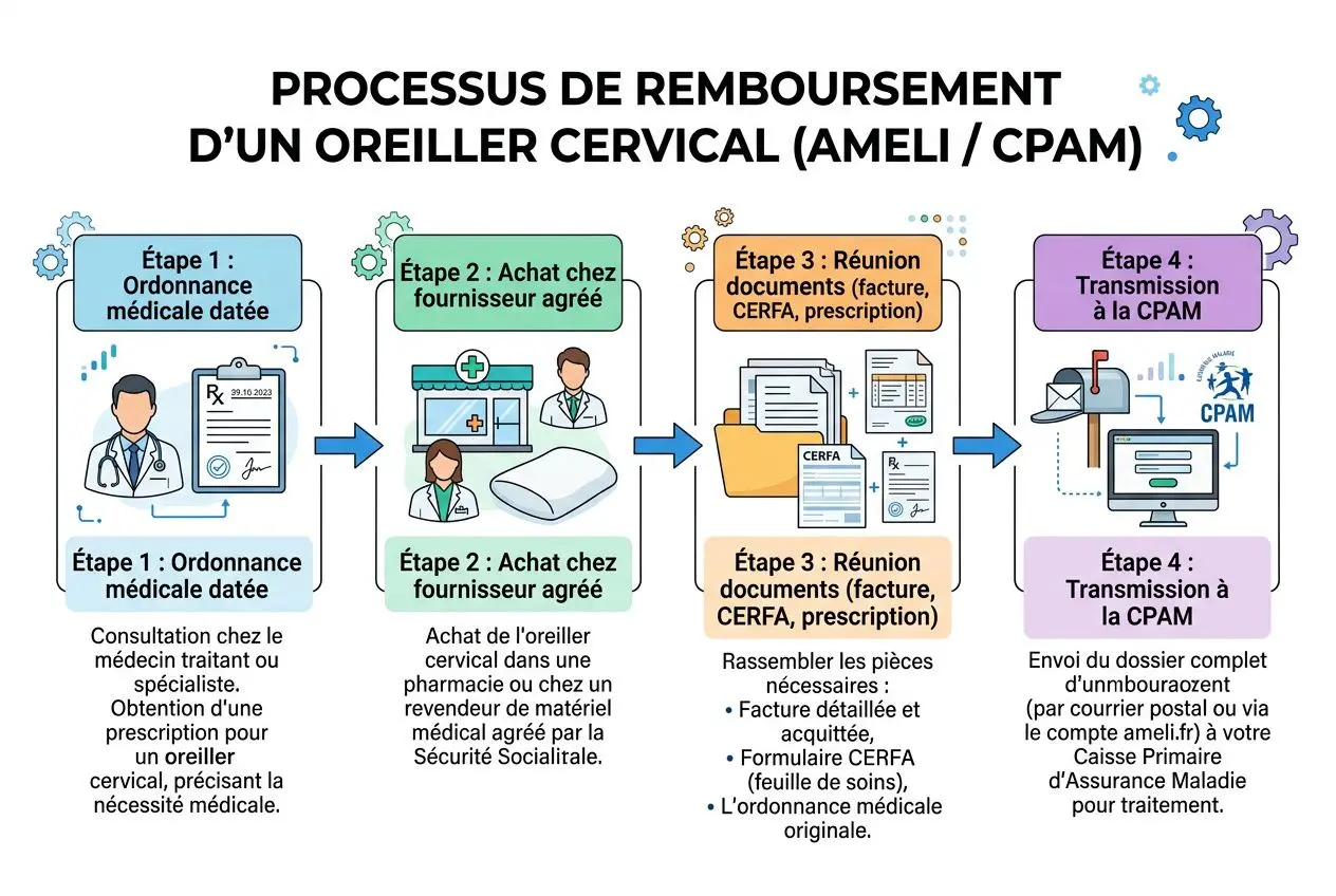 Oreiller cervical remboursé par la sécurité sociale : conditions Processus de remboursement d’un oreiller cervical (AMELI / CPAM) pour oreiller cervical remboursé sécurité sociale, avec étapes et documents.