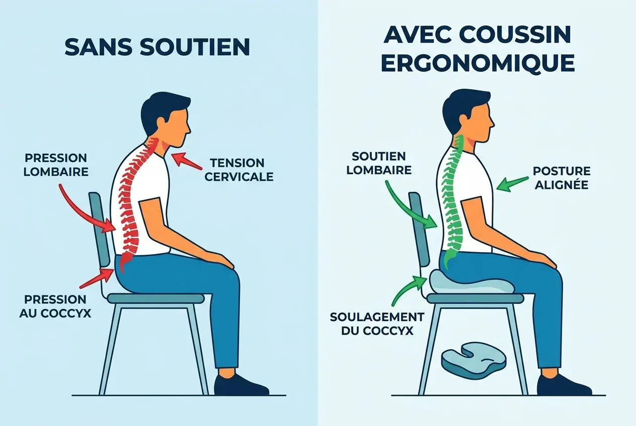 Coussins ergonomiques bienfaits : posture et confort améliorés Sans soutien: illustration d’un homme assis montrant une courbure lombaire et pression au coccyx. Avec coussin ergonomique: homme assis droit avec support lombaire, posture alignée et soulagement du coccyx.
