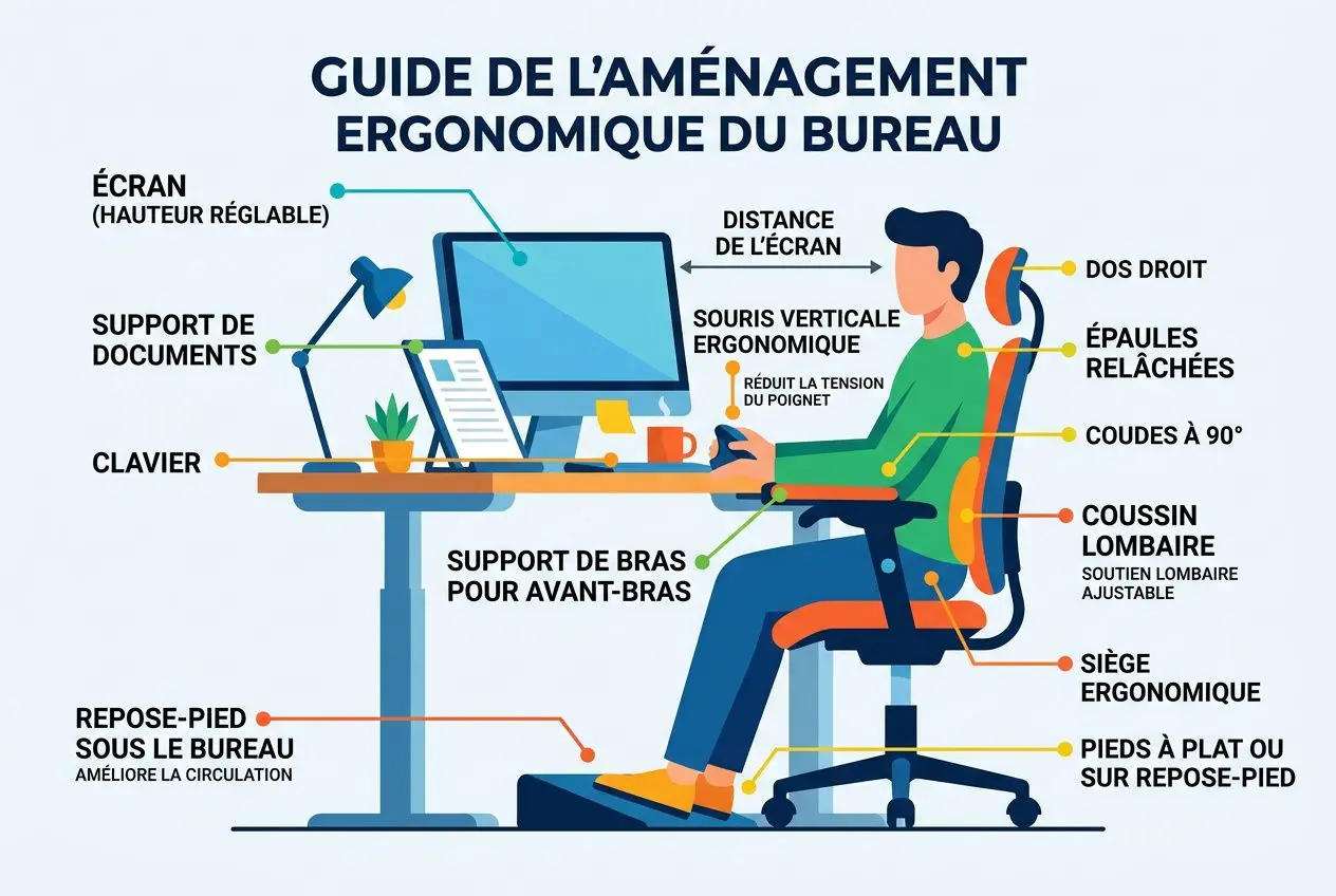 Bureau assis-debout design : guide des meilleurs modèles 2026 Bureau assis-debout design : illustration montrant une personne à un poste ergonomique avec clavier, écran et soutien-lombaire, affichant les éléments du guide ergonomique du bureau.