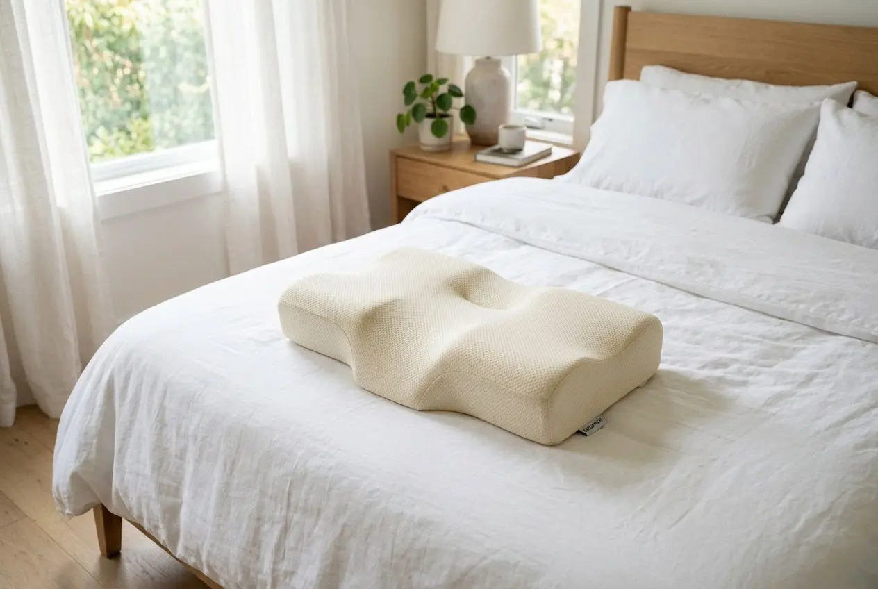 Comment dormir sans douleur cervicale : position et oreiller Oreiller ergonomique sur lit blanc, chambre lumineuse et calme, prêt à améliorer le sommeil et réduire les douleurs cervicales.