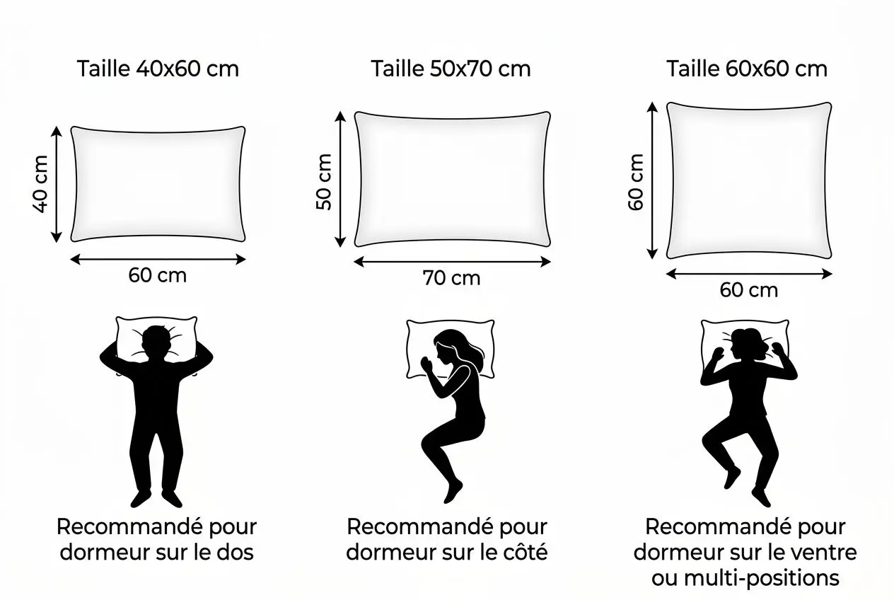 Oreiller latex naturel : guide pour choisir le meilleur latex Oreiller latex naturel, tailles 40x60, 50x70 et 60x60 cm, présenté avec schémas et silhouettes proposant les positions de sommeil recommandées pour dormir sur le dos, sur le côté ou en plusieurs positions.
