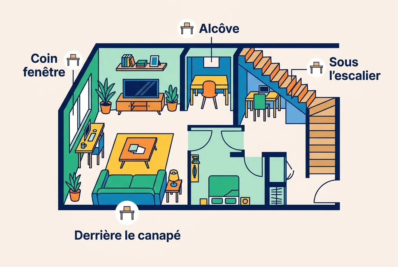 Aménager un coin bureau dans un petit espace : nos meilleures idées Plan d’aménagement d’un petit espace avec coin bureau intégré, canapé, rangements et escaliers.