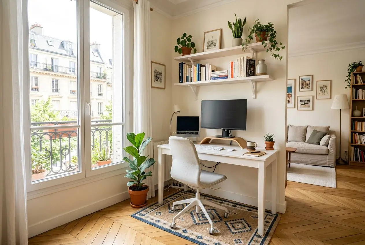 Coin de travail lumineux avec bureau, chaise ergonomique et écran, près d’une grande fenêtre et d’étagères decoratives. Travailler debout toute la journée optimisée.