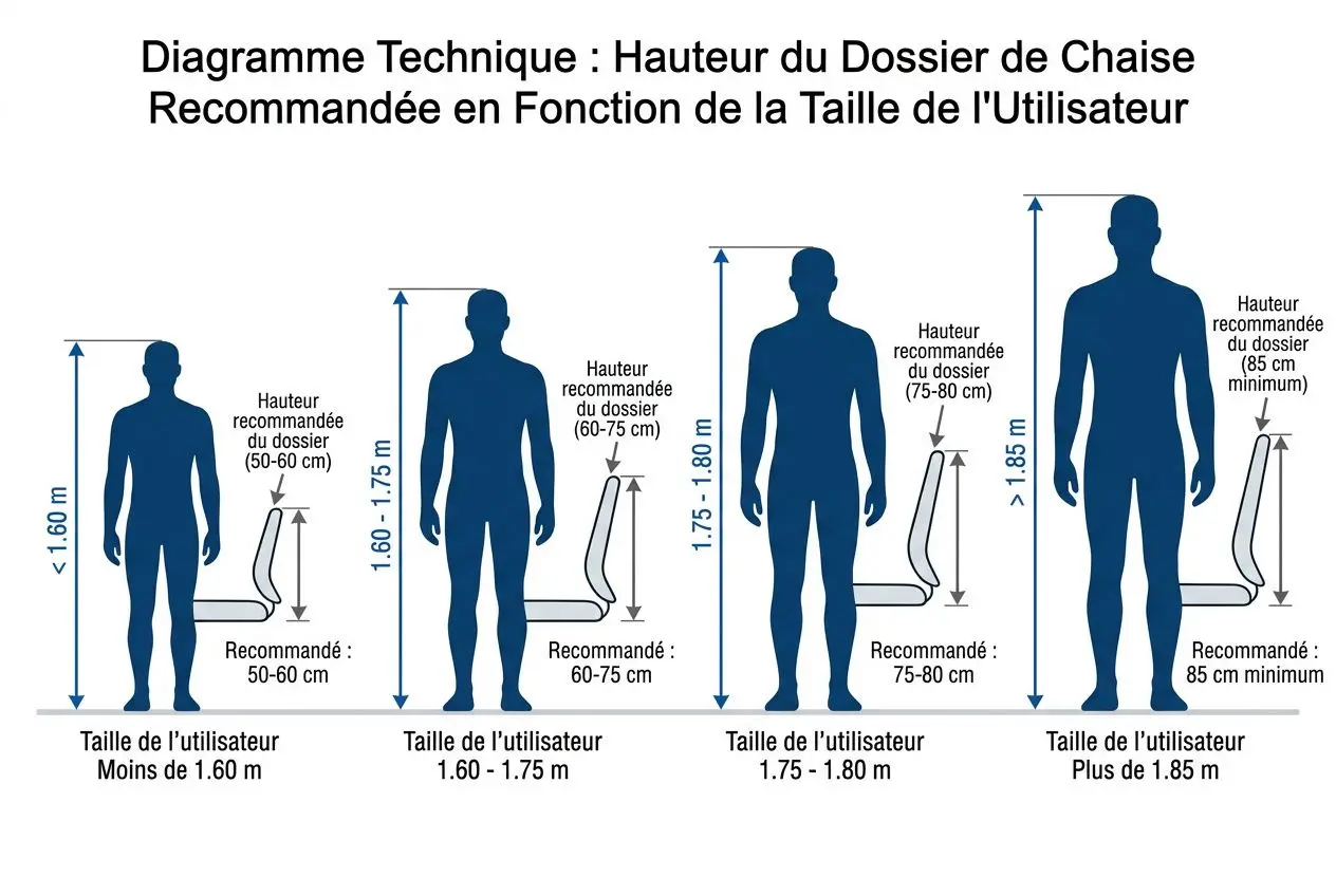 Travailler debout toute la journée : conseils et posture Diagramme technique: Hauteur du dossier de chaise recommandée par taille d’utilisateur, pour diverses talles allant de moins de 1,60 m à plus de 1,85 m, avec des chiffres de hauteur et des recommandations correspondantes. On voit des silhouettes et des mesures indiquant la posturation idéale. intègre le mot-clé: travailler debout toute la journée.