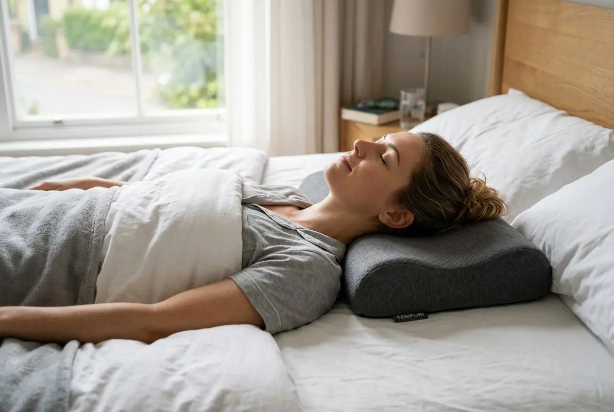 Femme dormant sur le côté avec un oreiller ergonomique cervical pour dormir sur le côté, soutenant la nuque et les épaules sur un lit confortable.