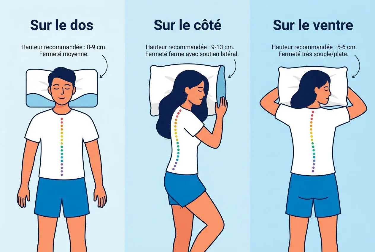 Pourquoi j'ai mal à la nuque : causes, symptômes et raideur Alt: Illustration en trois sections montrant une personne allongée, dos, côté et ventre pour douleur cervicale; colonne vertébrale colorée, positions de sommeil recommandées et raideur de la nuque. pourquoi j'ai mal à la nuque.