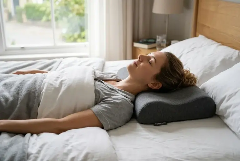 Accueil Accueil femme allongee dos lit utilisant coussin cervical