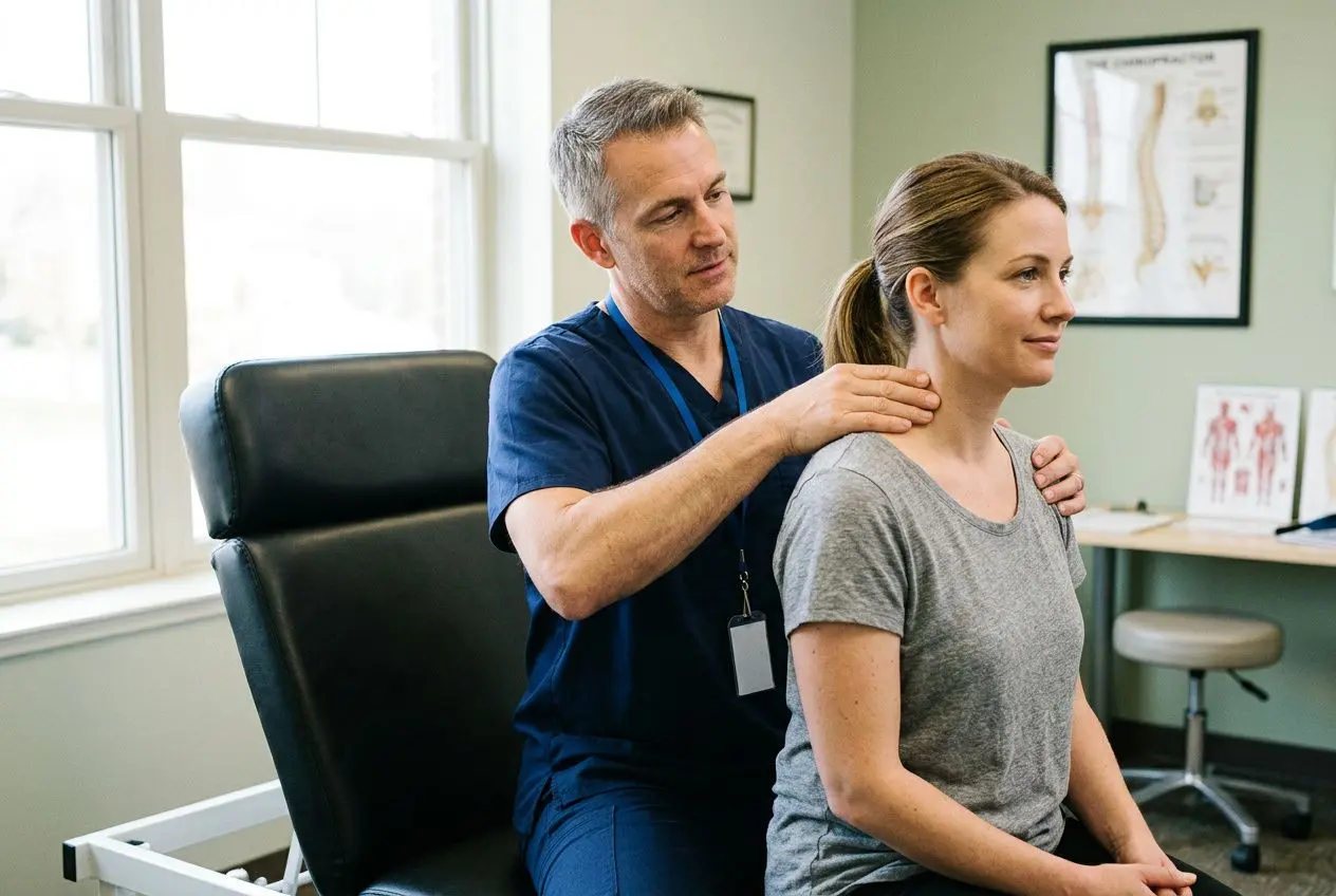 Médecin palpant la nuque d’une patiente assise, examen en cabinet pour comprendre pourquoi j'ai mal à la nuque.
