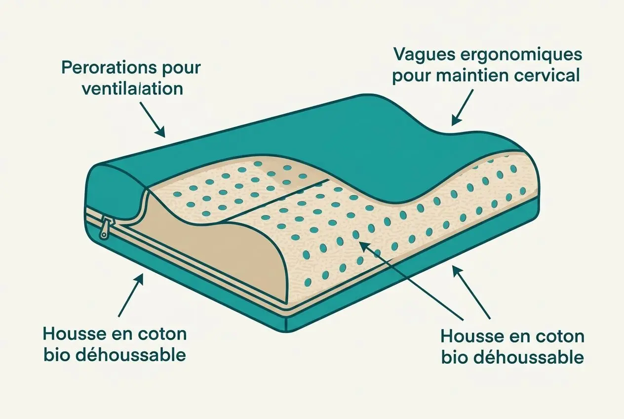 Oreiller cervical vraiment efficace contre la douleur de nuque ? Oreiller cervical vraiment efficace: illustration d’un oreiller anatomique avec housse biologique amovible et perforations pour ventilation, soutien cervical et zones en coton déhoussable.