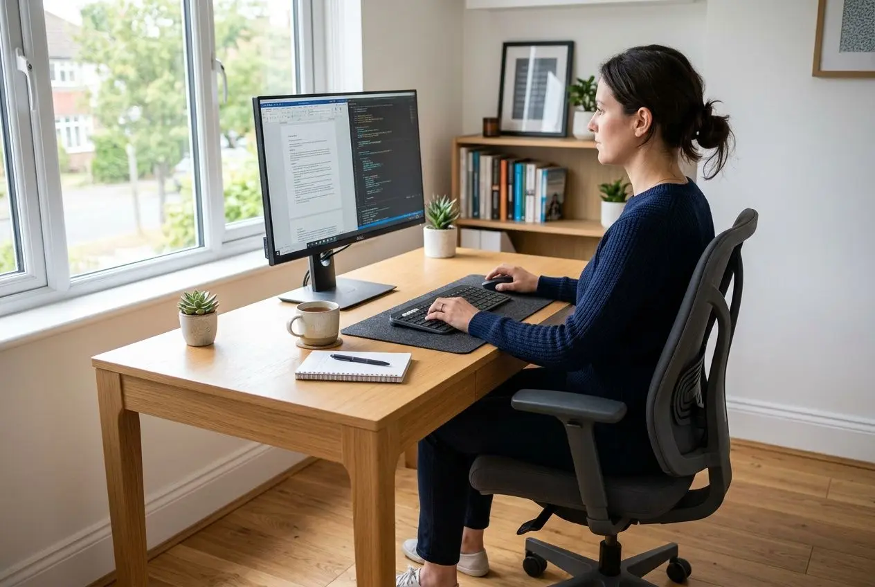 Faut-il utiliser un repose-poignet souris ? Femme assise à son bureau, clavier et souris devant un écran d’ordinateur, près d’une fenêtre lumineuse, avec carnet et tasse sur le bois; ambiance de travail à domicile. Faut-il utiliser un repose-poignet souris.