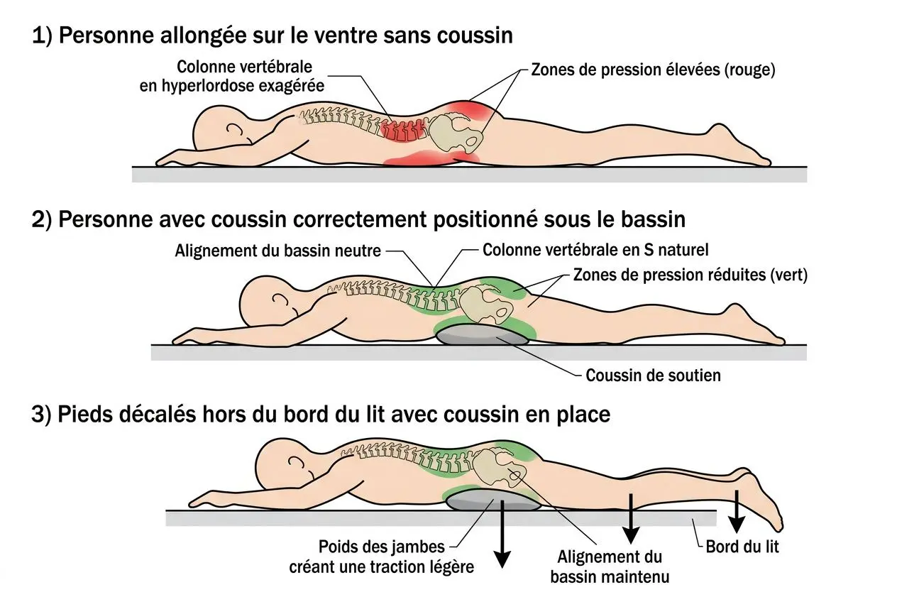 Position pour dormir avec arthrose cervicale sans douleur Position pour dormir avec arthrose cervicale: alignment neutre, coussin sous les épaules et bas du dos, jambes décalées et soutien cervical adapté.