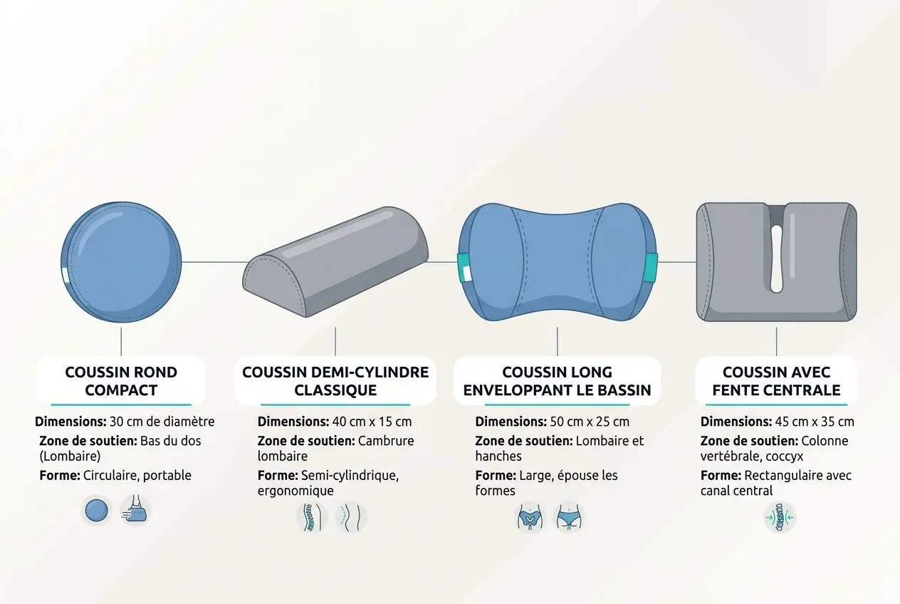 Coussin sciatique : remboursement possible pour soulager la douleur ? Coussin rond compact, coussin demi-cylindre classique, coussin long enveloppant le bassin et coussin avec fente centrale, montrant différents modèles de coussins sciatique remboursement pour soulager la douleur.