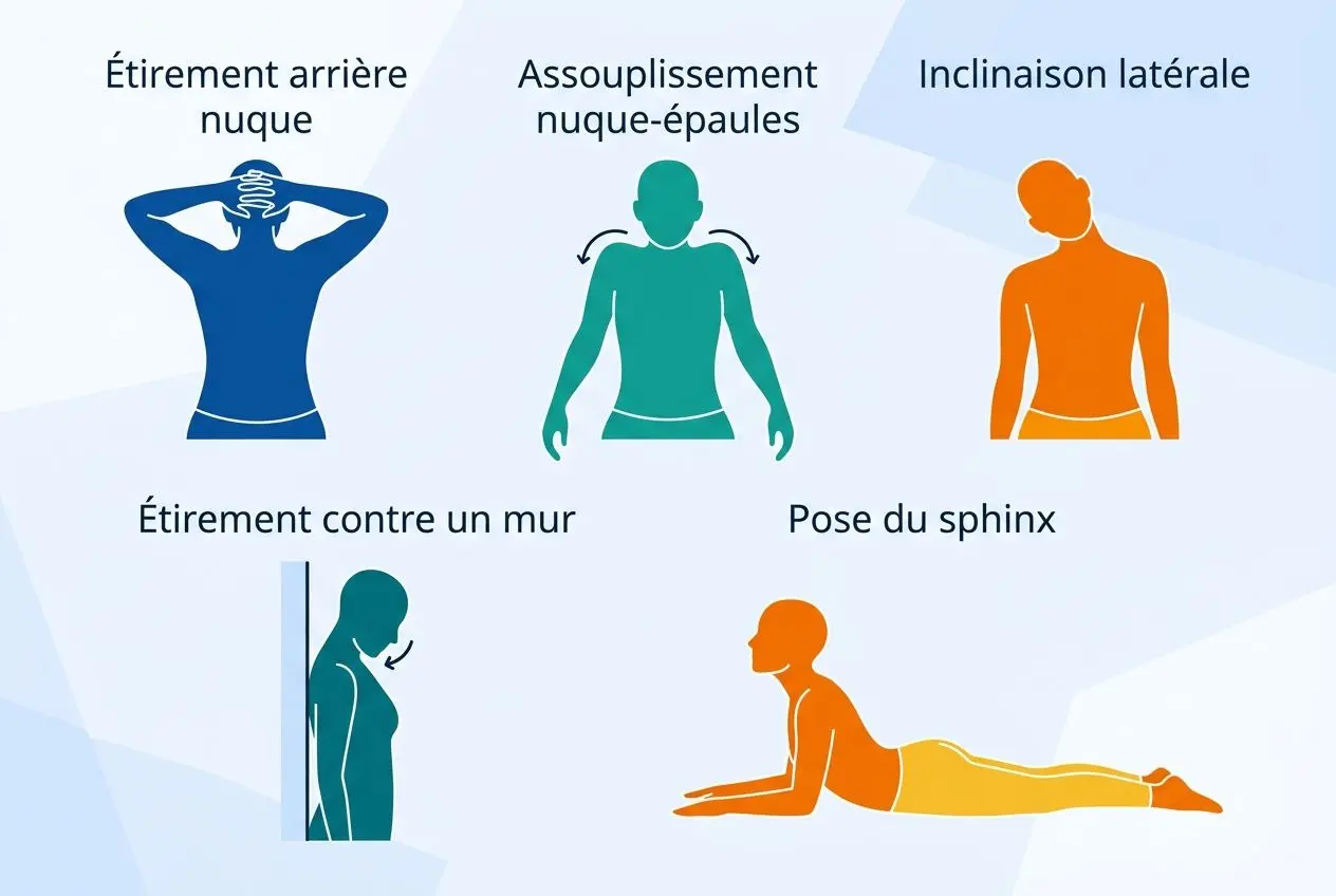 Mal de cou : signification spirituelle, symbolique et émotions Personnage montrant un étirement de la nuque derrière avec les mains sur la tête. Assouplissement nuque-épaules énoncé par silhouette verte. Inclinaison latérale affichée en orange. Étirement contre un mur et pose du sphinx en position de yoga, corps allongé. intégration du concept mal de cou signification spirituelle.
