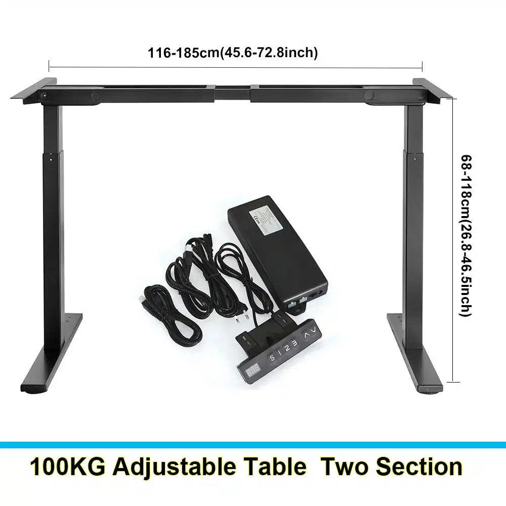 Table adjustable debout avec châssis noir et moteur, montrant les dimensions et le pack de commande et alimentation.