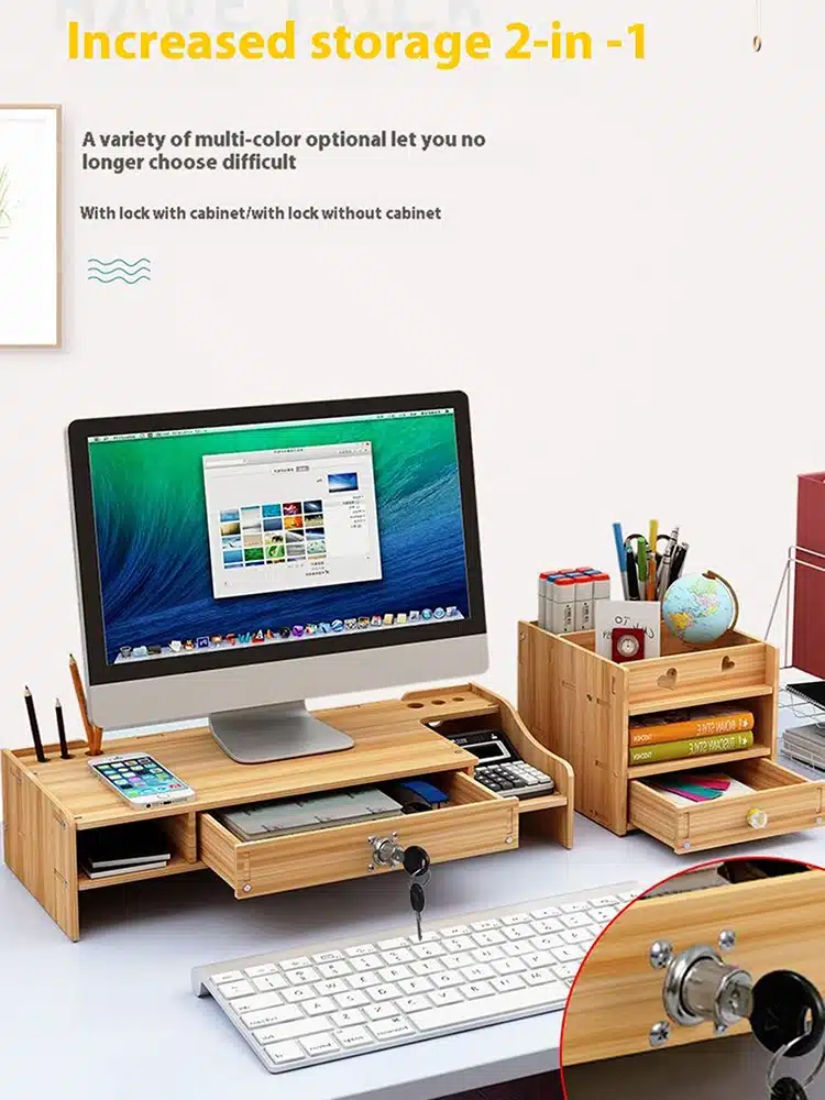Comment organiser son bureau PC : guide du bureau Windows Une configuration de bureau informatique avec un écran iMac sur un support en bois, entouré de rangements et d’accessoires;