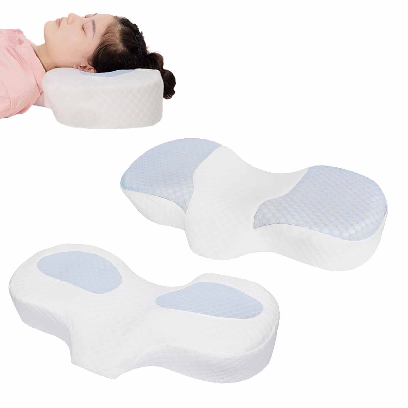 Cervicalgie la nuit : causes et solutions pour mieux dormir Homme dormant sur un oreiller cervical en forme ergonomique, entouré de deux oreillers en forme de vague.