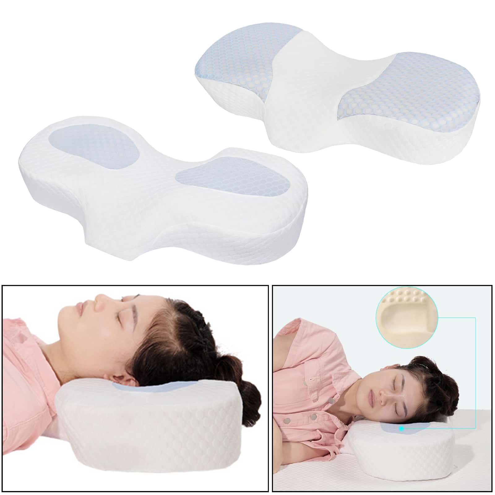 Repas de nuques: une femme repose la tête sur un coussin cervical en position de sommeil sur le côté et sur le dos.